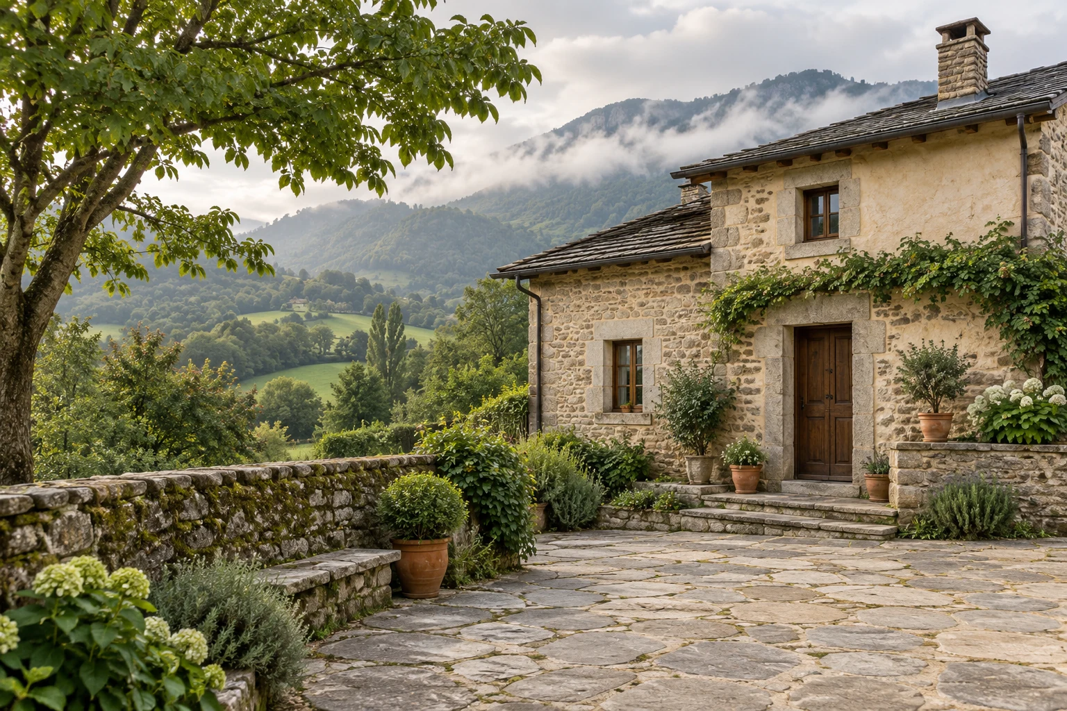 Escena ilustrativa de una casa de piedra asturiana con un patio de pavimento natural y vistas a las montañas