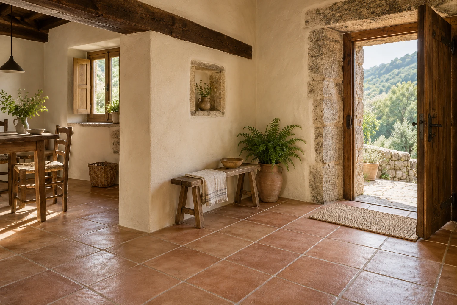 Escena ilustrativa de acabados cerámicos y paredes de cal en el interior de una vivienda rural