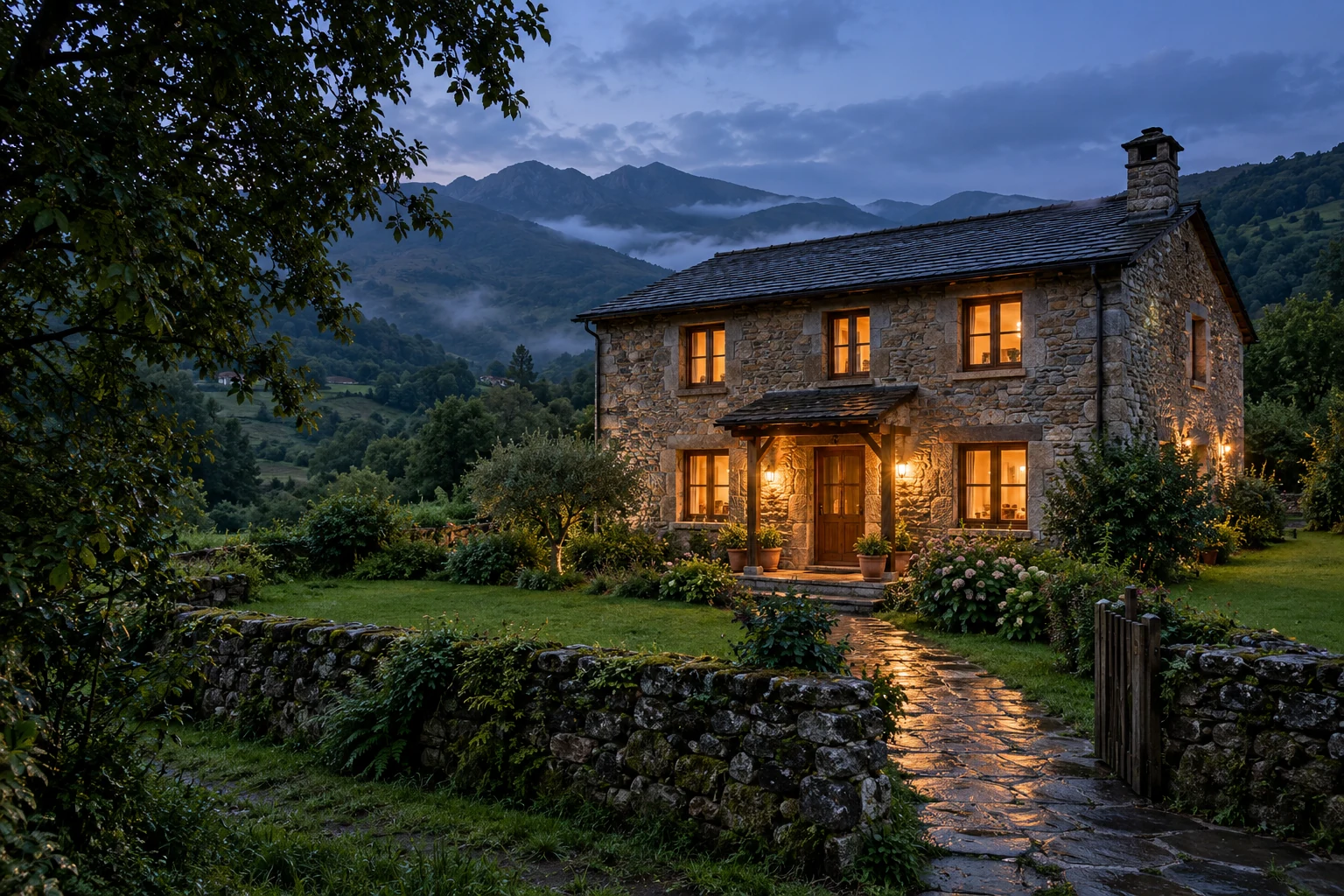 Escena ilustrativa de una casa rural asturiana con las ventanas iluminadas al anochecer