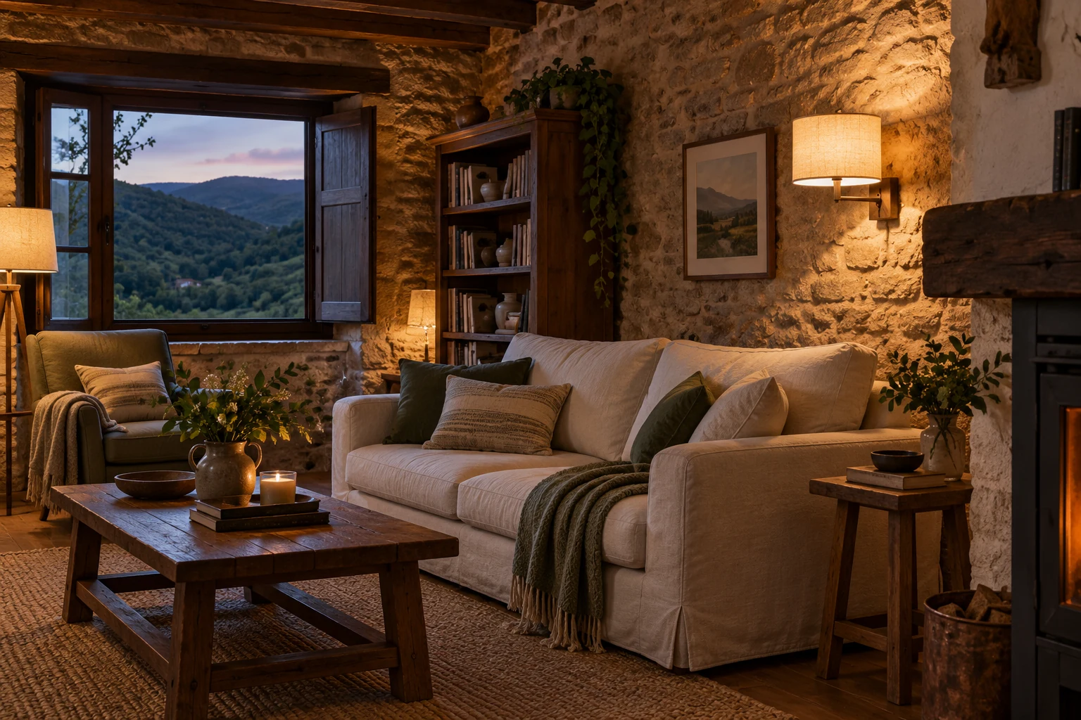 Escena ilustrativa de un salón rural con iluminación cálida y vistas al paisaje asturiano