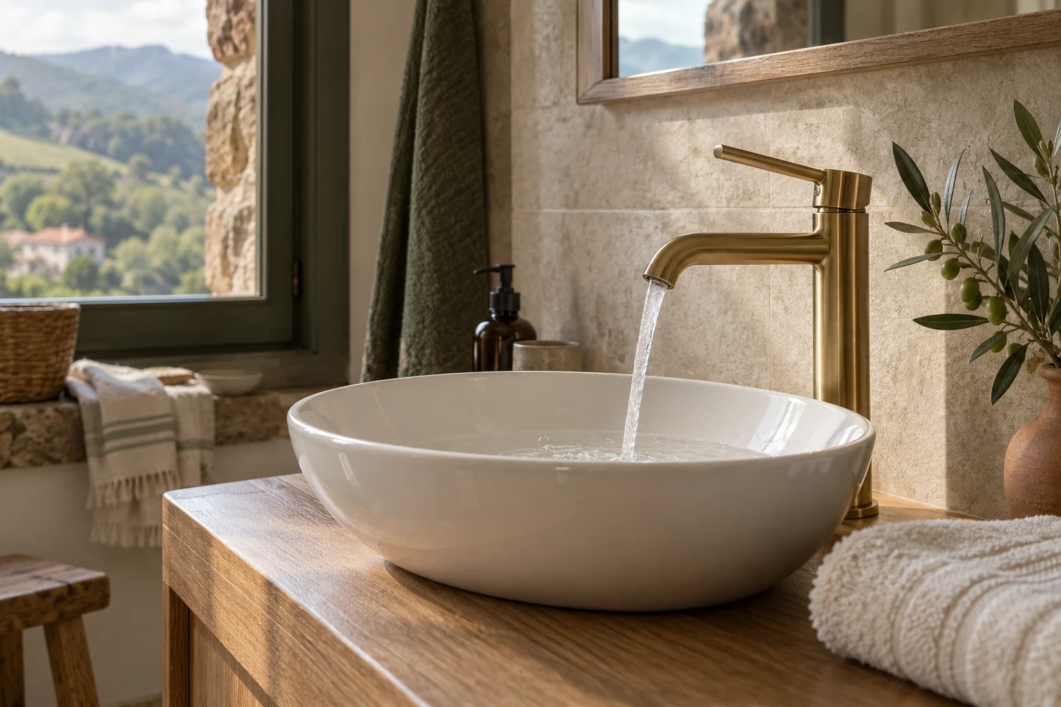 Escena ilustrativa de grifería y lavabo en un baño rural