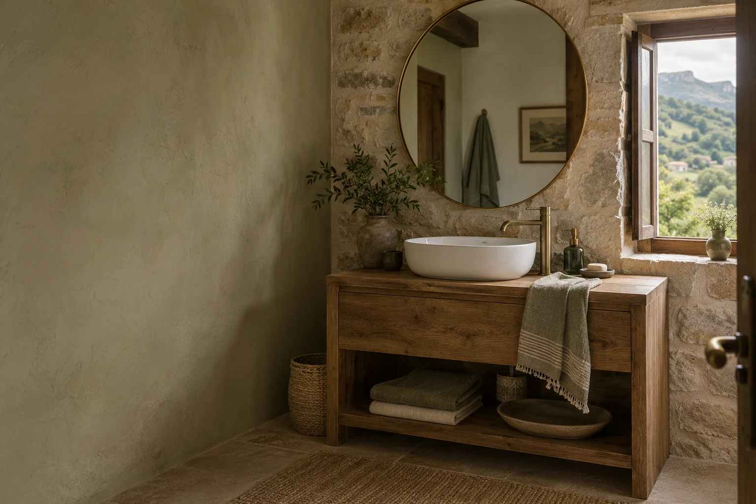 Escena ilustrativa de un baño rural con lavabo, grifería y materiales naturales