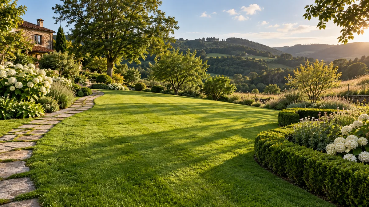 Escena ilustrativa de un jardín cuidado con césped, hortensias y vistas al paisaje verde de Asturias.