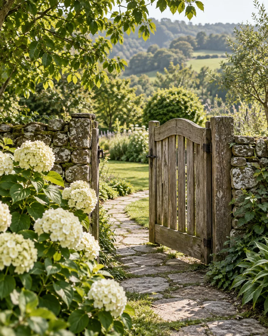 Escena ilustrativa de una entrada de jardín con una puerta de madera, hortensias blancas y un camino de piedra.