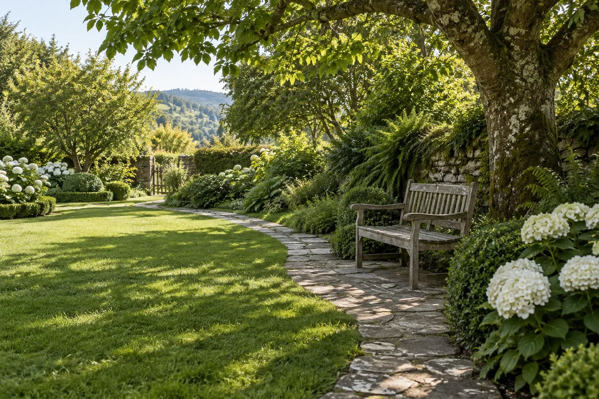 Escena ilustrativa de un jardín cuidado con césped, un camino de piedra y un banco bajo un árbol.
