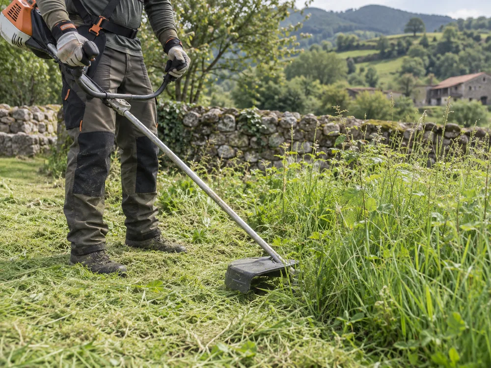 Escena ilustrativa de desbroce de vegetación en una finca rural con una desbrozadora.