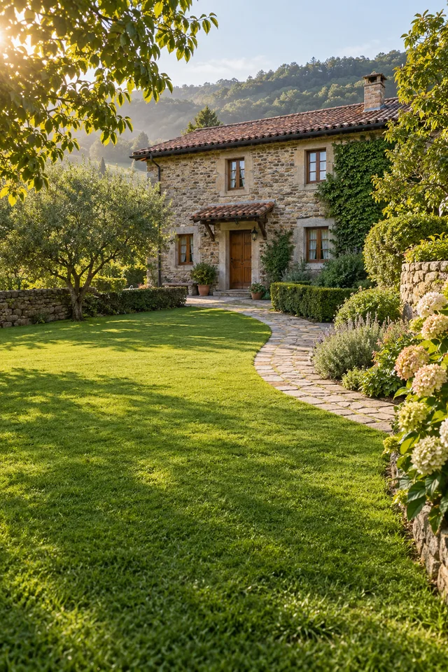 Escena ilustrativa de un jardín cuidado con un camino de piedra junto a una casa de campo.
