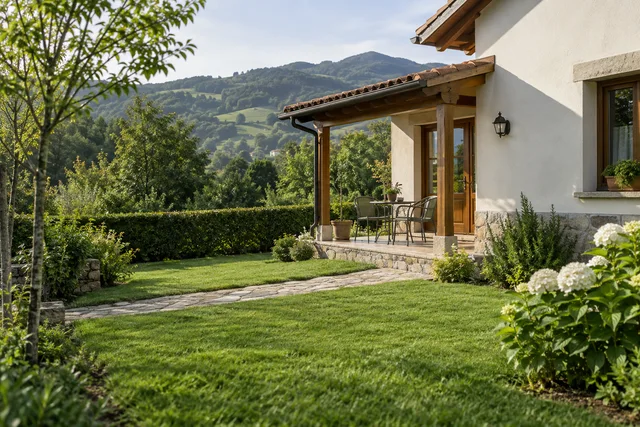 Escena ilustrativa del jardín y el porche de una vivienda vacacional en Asturias.