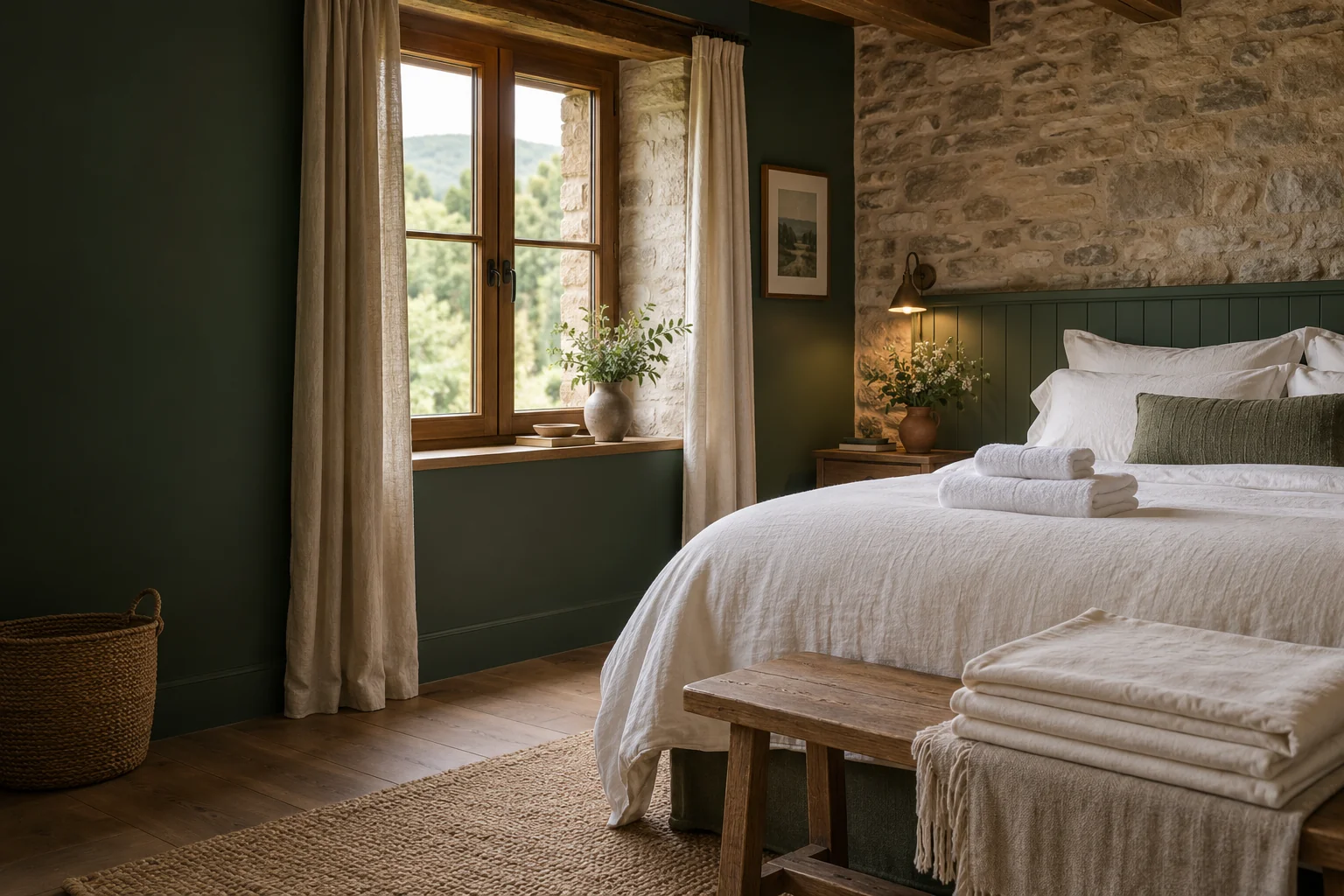 Escena ilustrativa de un dormitorio rural con ropa de cama blanca y toallas preparadas
