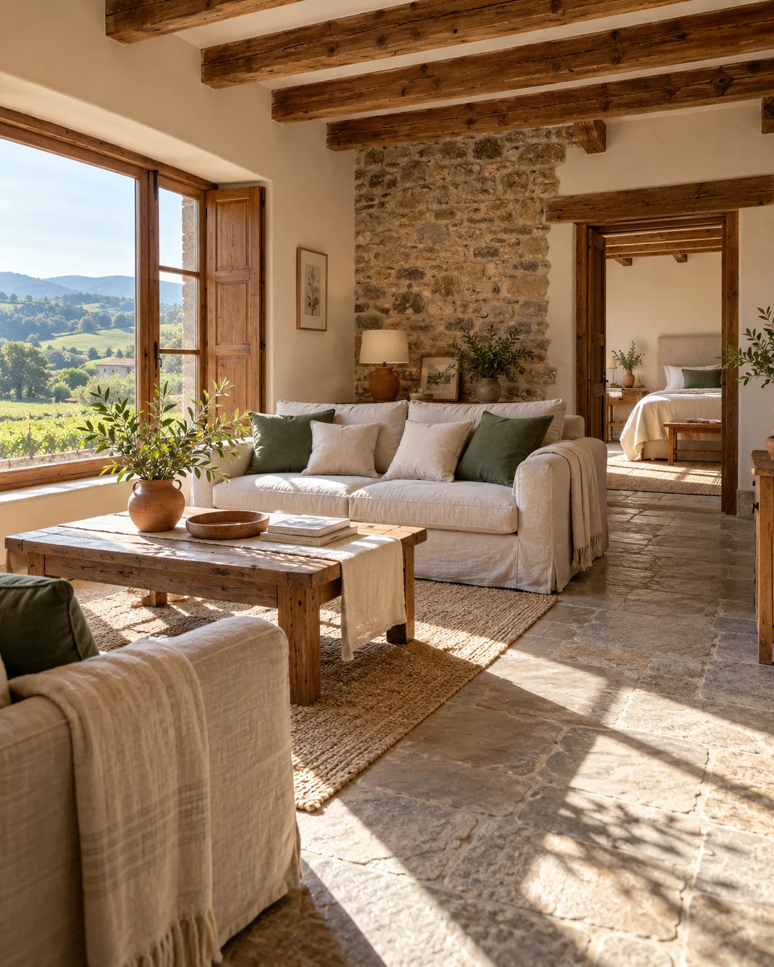Escena ilustrativa de una casa rural cuidada, con salón luminoso y un dormitorio al fondo.