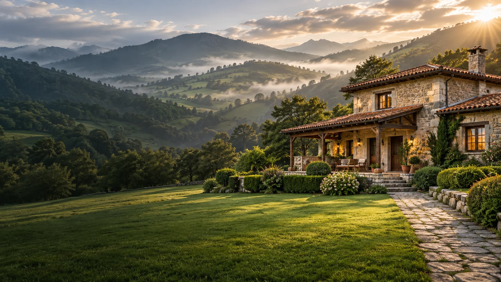 Escena ilustrativa de una casa rural en un paisaje asturiano