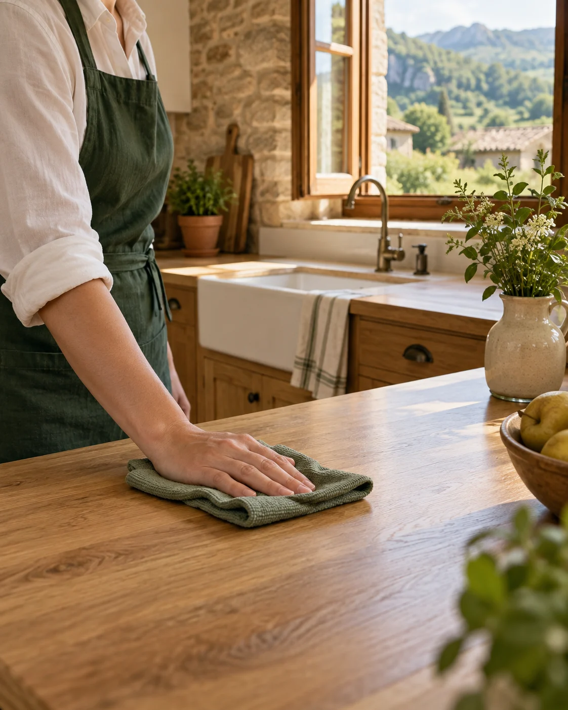 Escena ilustrativa de una persona limpiando una encimera de madera en una cocina rural.