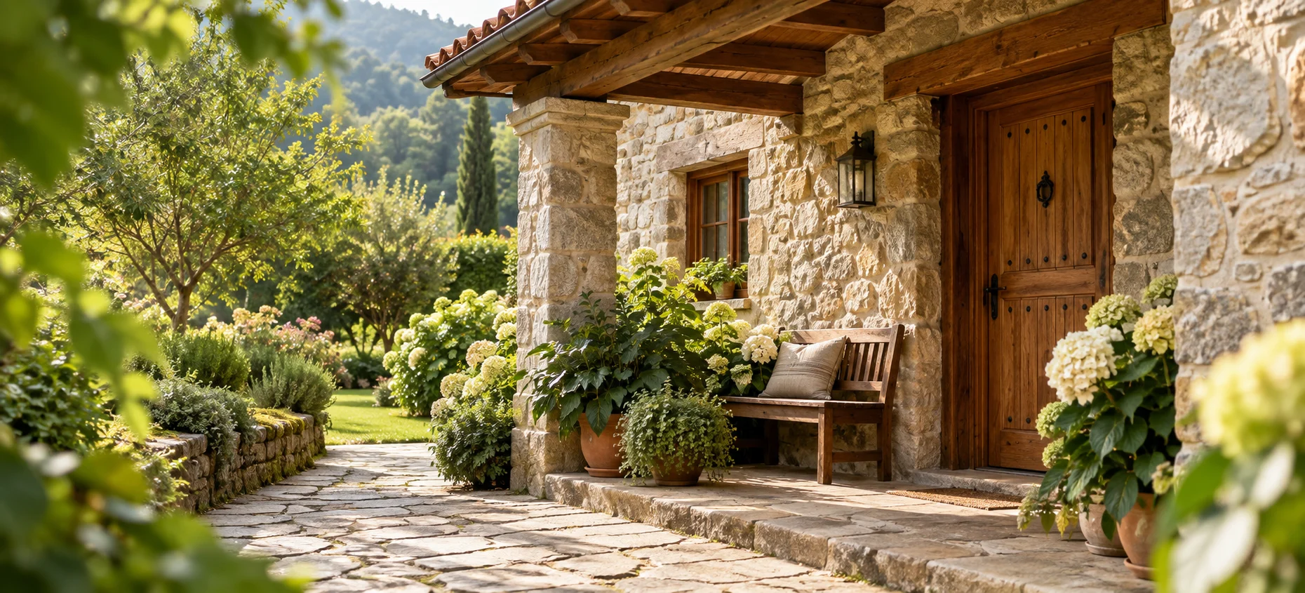 Escena ilustrativa de la entrada de una casa rural de piedra, con un porche cuidado y jardín.