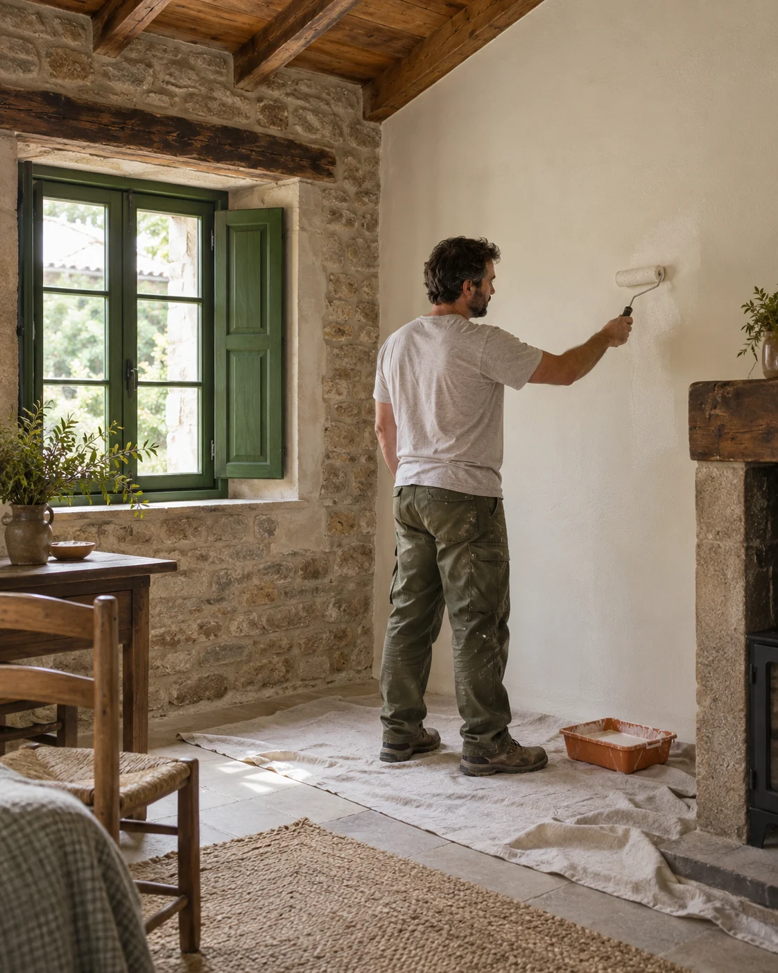 Escena ilustrativa de un profesional pintando una pared interior en una casa rural